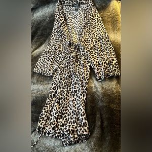 Three piece leopard print pj set- shorts, tank and housecoat.